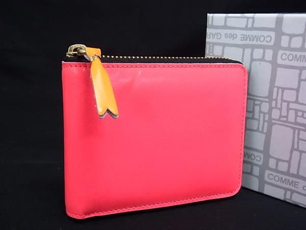 COMME des GARCONS コム デ ギャルソン レザー ラウンドファスナー 財布 ウォレット ピンク系×オレンジ系 BP5536