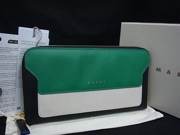 MARNI マルニ レザー ラウンドファスナー 長財布 札入れ 小銭入れ ウォレット グリーン系×ブラック系 FT1898