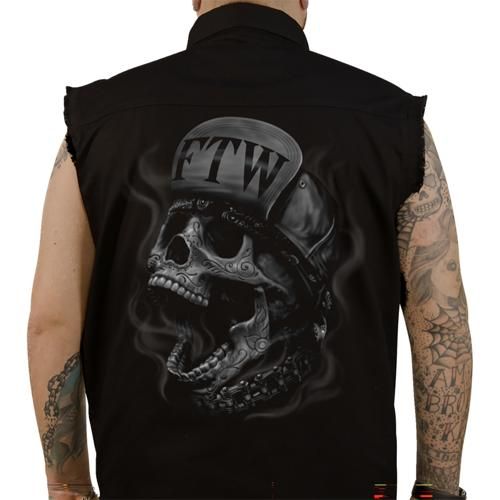 FTW SKULL プリント入り スリーブレス ボタンダウンシャツ