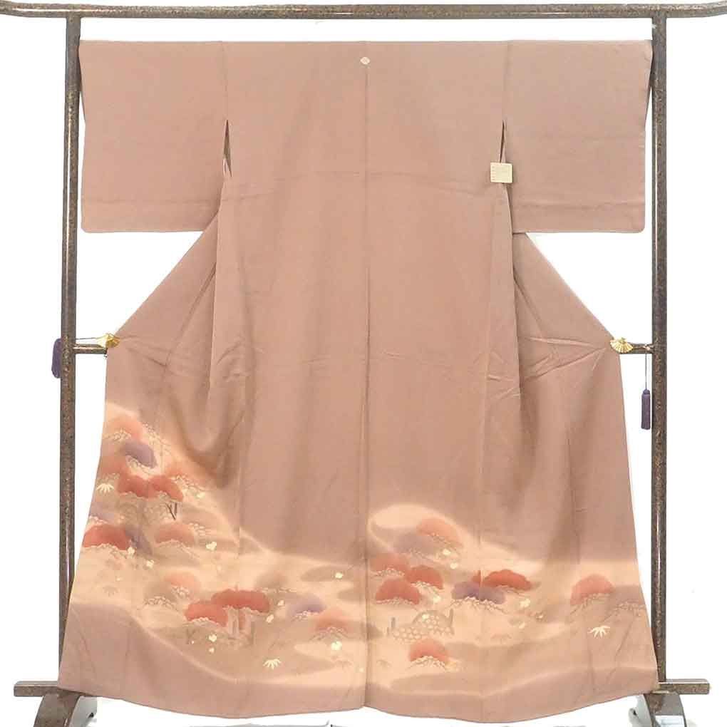 色留袖 身丈165cm 裄69cm 前幅28cm 後幅32cm 袖丈47cm 袖幅34cm レディース 袷 松 裄長 裄L-LLサイズ 秋冬春用 正絹 シルク ブラウン トールサイズ リメイク リユース リサイクル 呉服のきくや