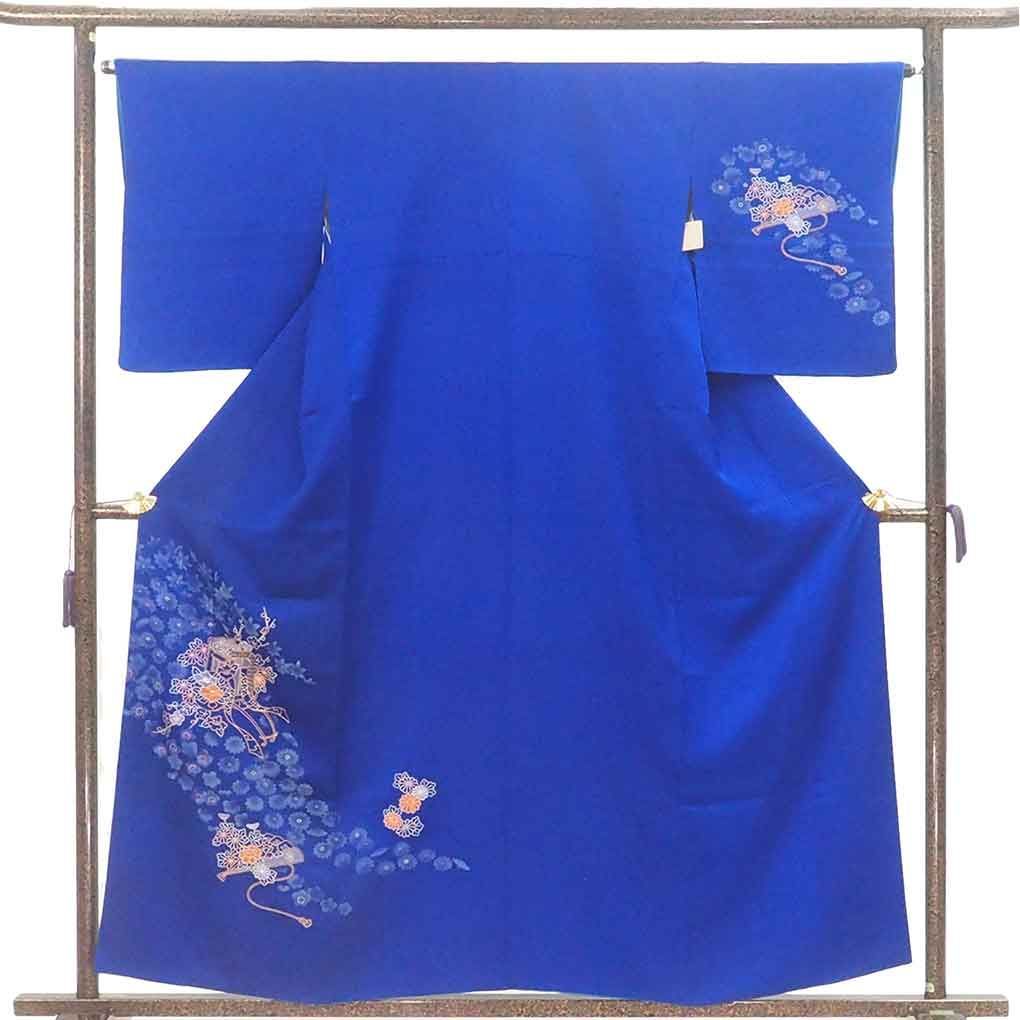 訪問着 身丈158cm 裄65cm 前幅24cm 後幅29cm 袖丈52cm 袖幅33cm レディース 袷 相良刺繍 裄Mサイズ 秋冬春用 正絹 シルク ネイビー やや難 リメイク リユース リサイクル 呉服のきくや