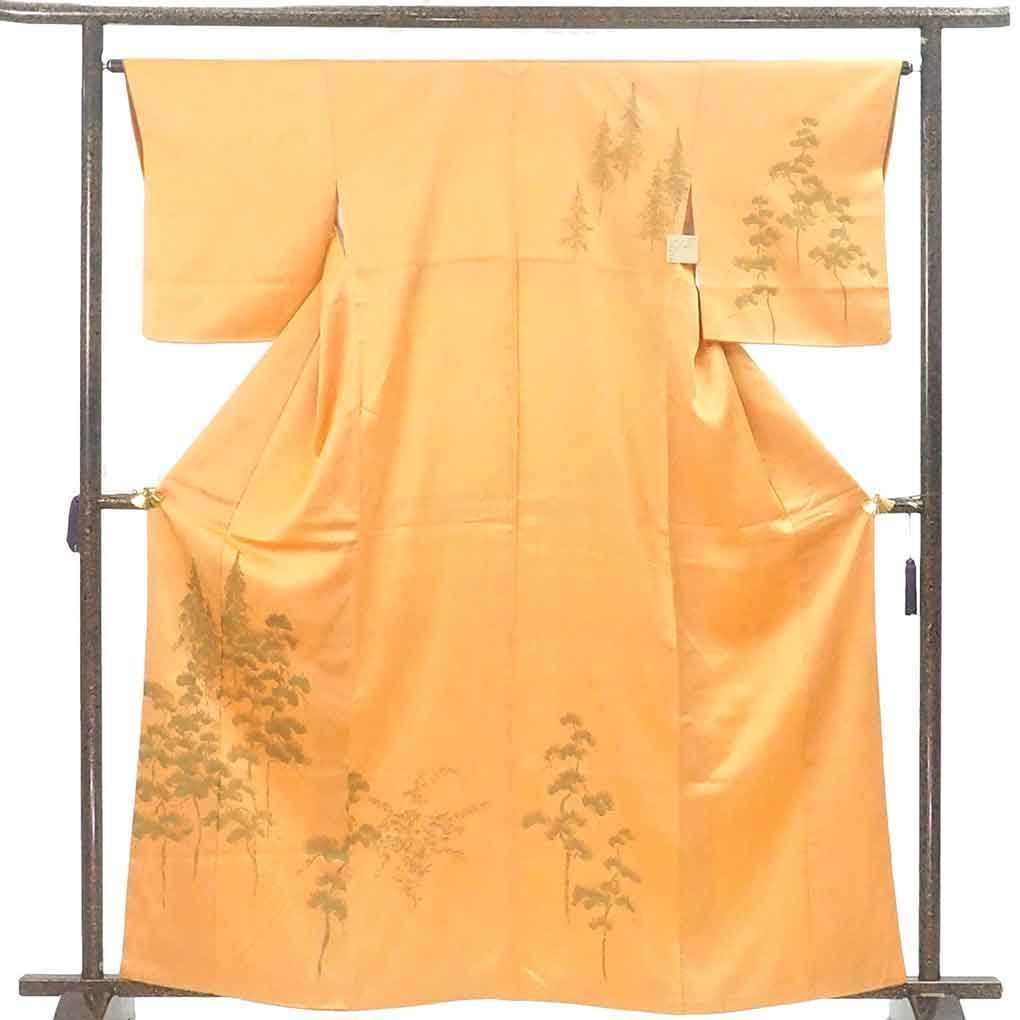 訪問着 身丈163cm 裄64cm 前幅22.5cm 後幅28.5cm 袖丈49cm 袖幅32cm レディース 袷 木立 裄Mサイズ 秋冬春用 正絹 シルク オレンジ リメイク リユース リサイクル 呉服のきくや