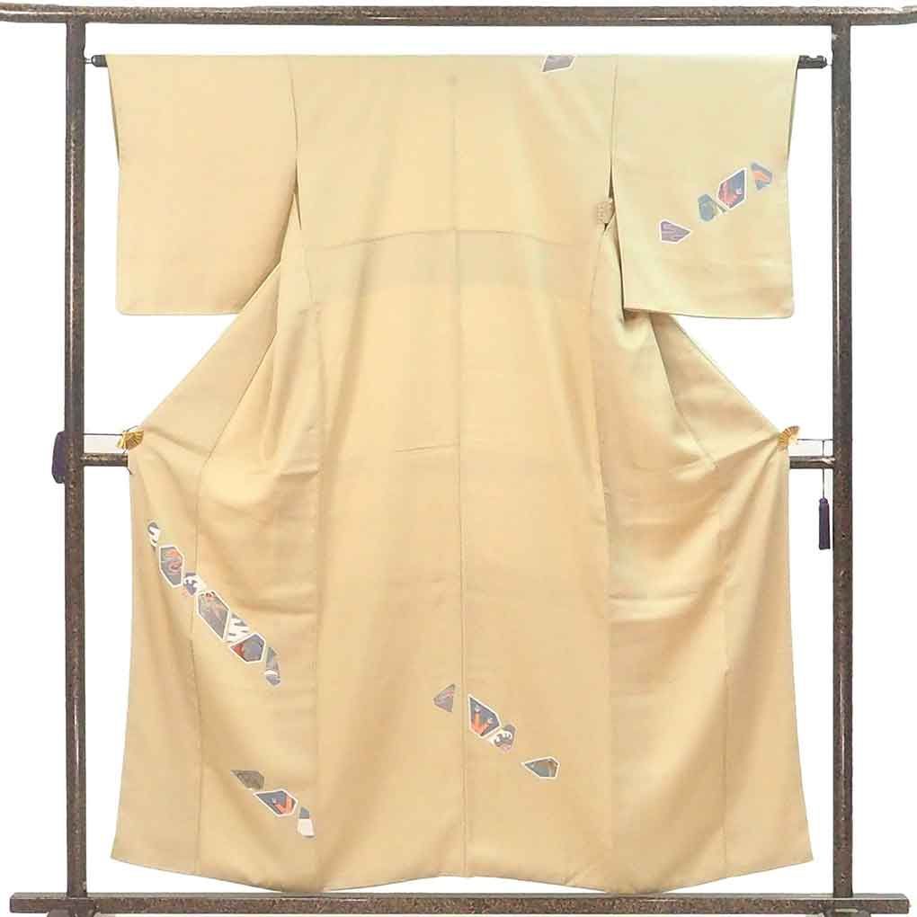 付下 身丈157cm 裄63cm 前幅22cm 後幅28.5cm 袖丈49cm 袖幅32cm レディース 袷 抽象柄 裄Mサイズ 秋冬春用 正絹 シルク イエロー リメイク リユース リサイクル 呉服のきくや