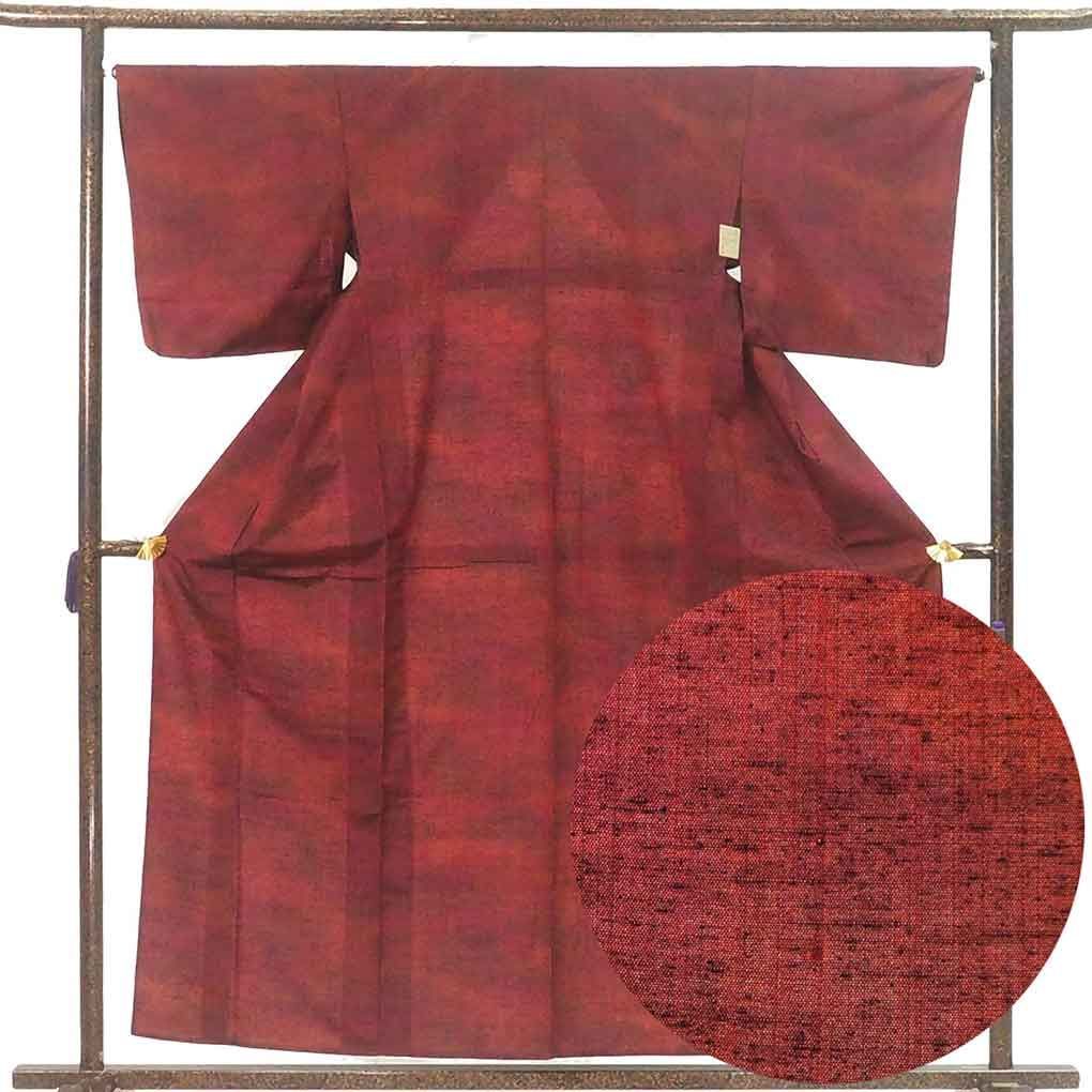 紬 身丈158cm 裄65cm 前幅24cm 後幅29cm 袖丈48cm 袖幅33cm レディース 単衣 無地 裄Mサイズ 初夏 初秋用 正絹 シルク レッド リメイク リユース リサイクル 呉服のきくや