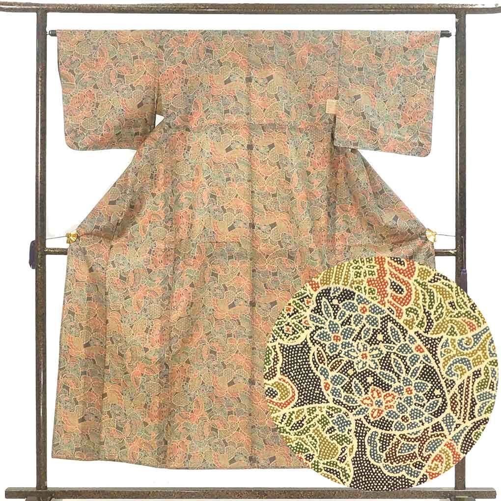 小紋 身丈153cm 裄64cm 前幅24cm 後幅30cm 袖丈44cm 袖幅33cm レディース 単衣 蝶柄 裄Mサイズ 初夏 初秋用 正絹 シルク マルチ リメイク リユース リサイクル 呉服のきくや