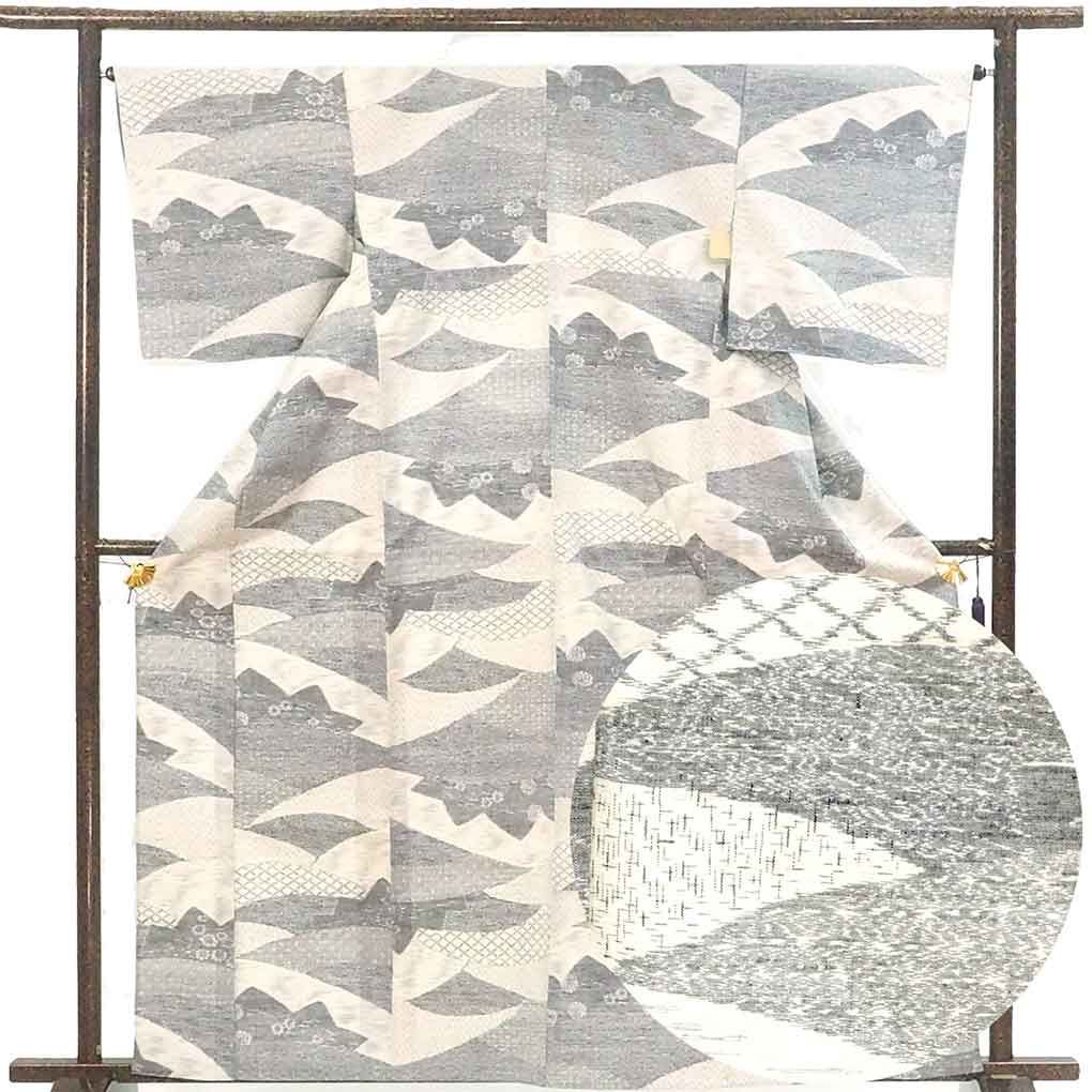 紬 身丈164cm 裄66cm 前幅24.5cm 後幅29cm 袖丈49cm 袖幅34cm レディース 単衣 抽象柄 裄長 裄M-Lサイズ 初夏 初秋用 正絹 シルク ホワイト トールサイズ リメイク リユース リサイクル 呉服のきくや