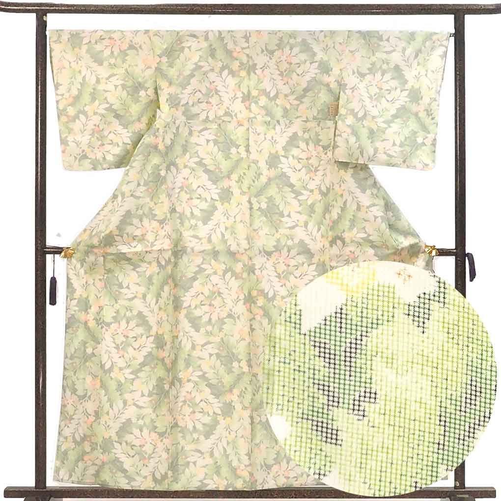 紬 身丈160cm 裄67cm 前幅24cm 後幅29.5cm 袖丈50.5cm 袖幅33cm レディース 単衣 花柄 裄長 裄Lサイズ 初夏 初秋用 正絹 シルク ホワイト リメイク リユース リサイクル 呉服のきくや