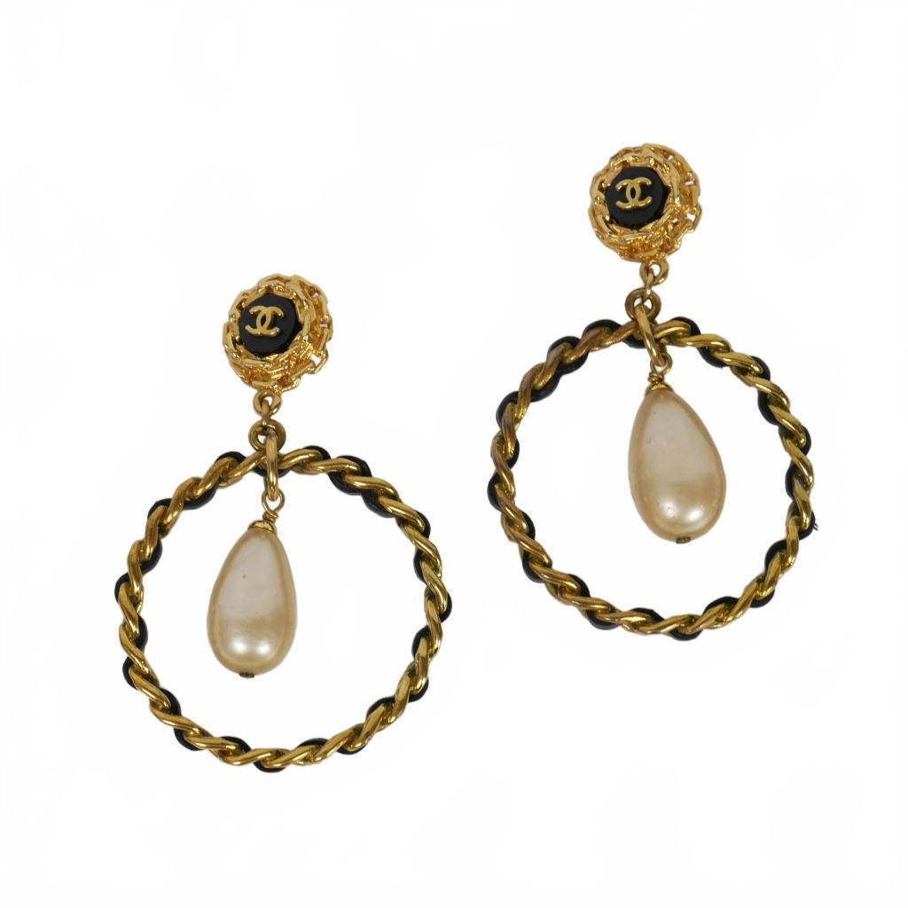 シャネル CHANEL 94P ヴィンテージ ココマーク イヤリング ピアス パール スイング フープ レザー