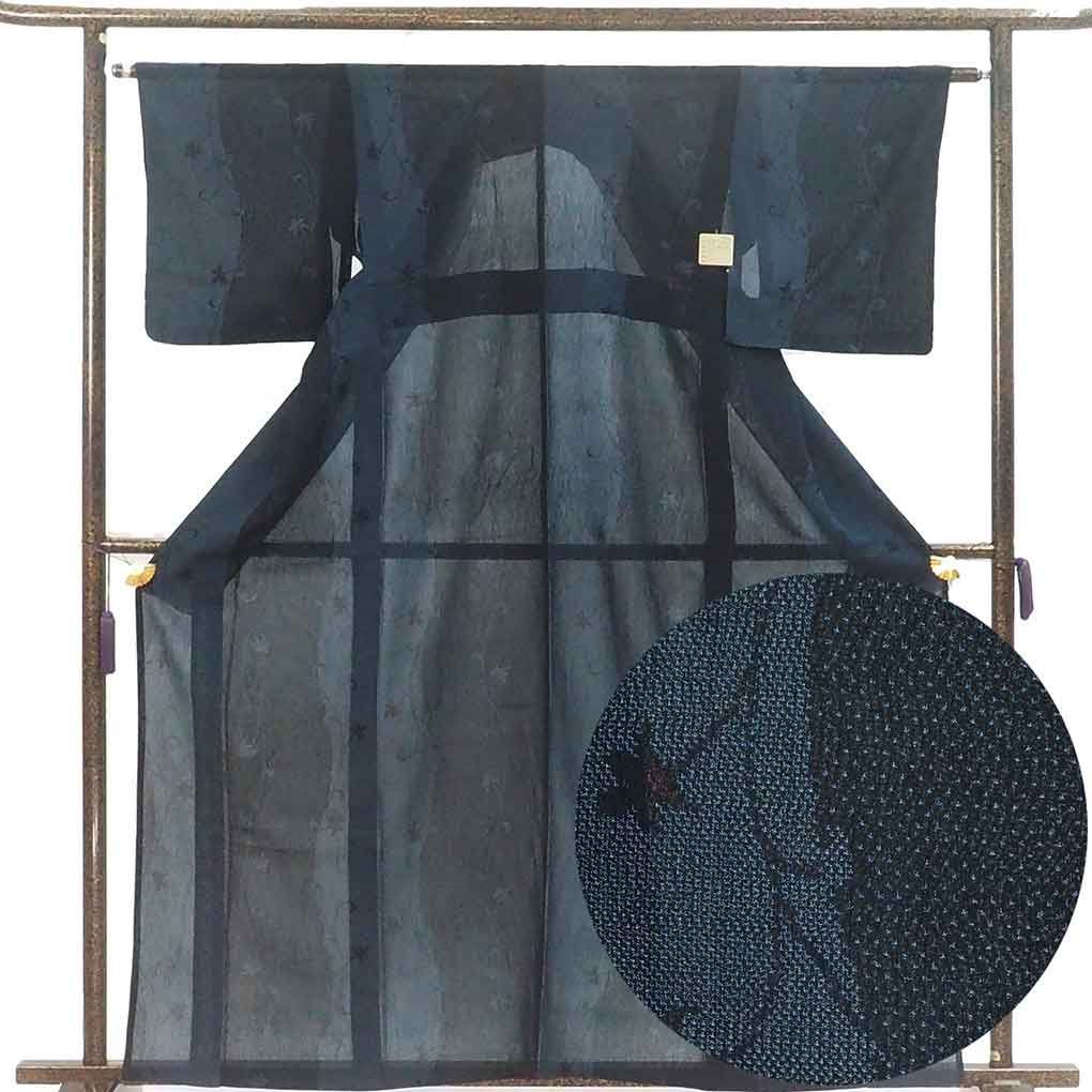 紬 身丈163cm 裄64cm 前幅25cm 後幅30cm 袖丈47cm 袖幅32cm レディース 花柄 裄Mサイズ 夏用 正絹 シルク ネイビー やや難 リメイク リユース リサイクル 呉服のきくや