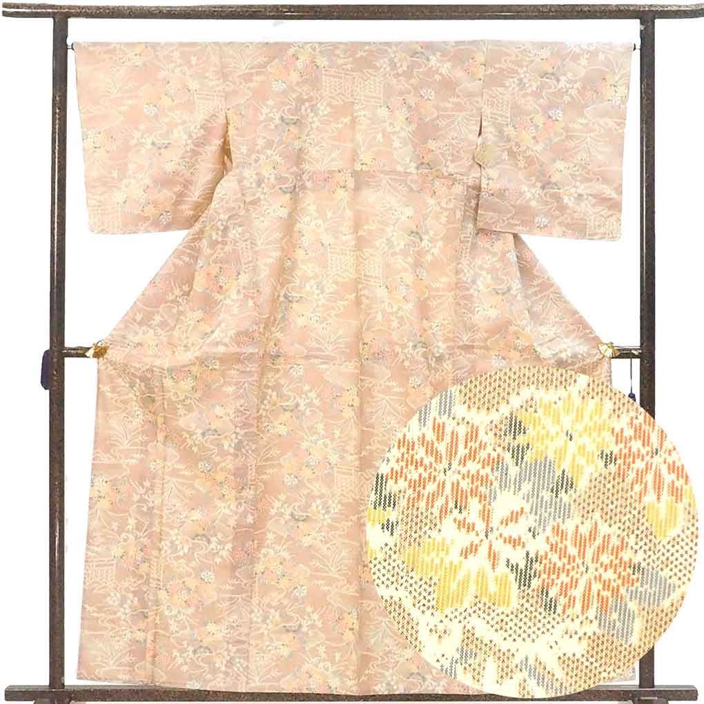 紬 身丈160 cm 裄66 前幅25 後幅29 袖丈49 袖幅34 レディース 単衣 花柄 裄長 裄M Lサイズ 初夏 初秋用 正絹 シルク ブラウン リメイク リユース リサイクル 呉服のきくや