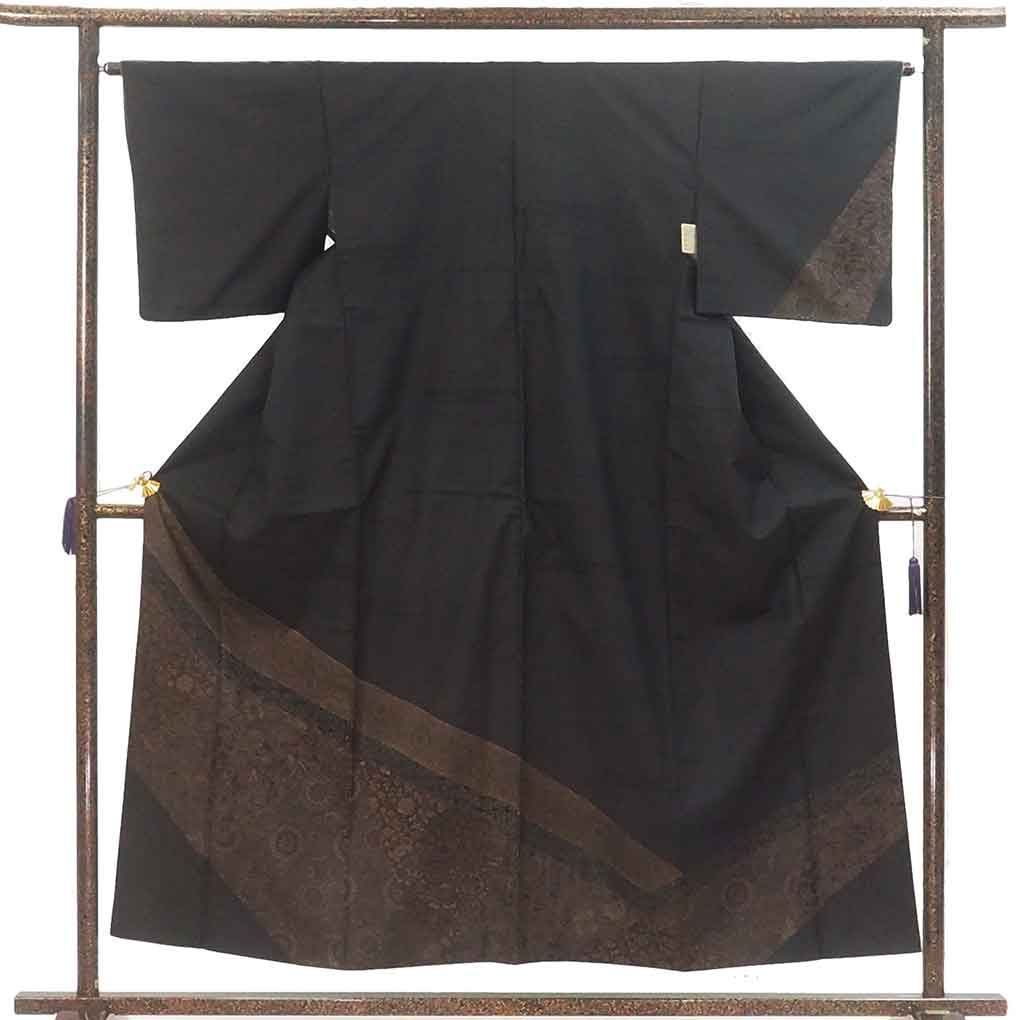 訪問着 身丈154cm 裄64cm 前幅24.5cm 後幅30cm 袖丈45cm 袖幅32.5cm レディース 袷 更紗 裄Mサイズ 秋冬春用 正絹 シルク ブラック やや難 リメイク リユース リサイクル 呉服のきくや