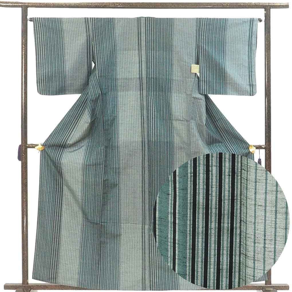 紬 身丈160cm 裄64cm 前幅24cm 後幅30cm 袖丈47cm 袖幅33cm レディース 単衣 縞 裄Mサイズ 初夏 初秋用 正絹 シルク グレー リメイク リユース リサイクル 呉服のきくや