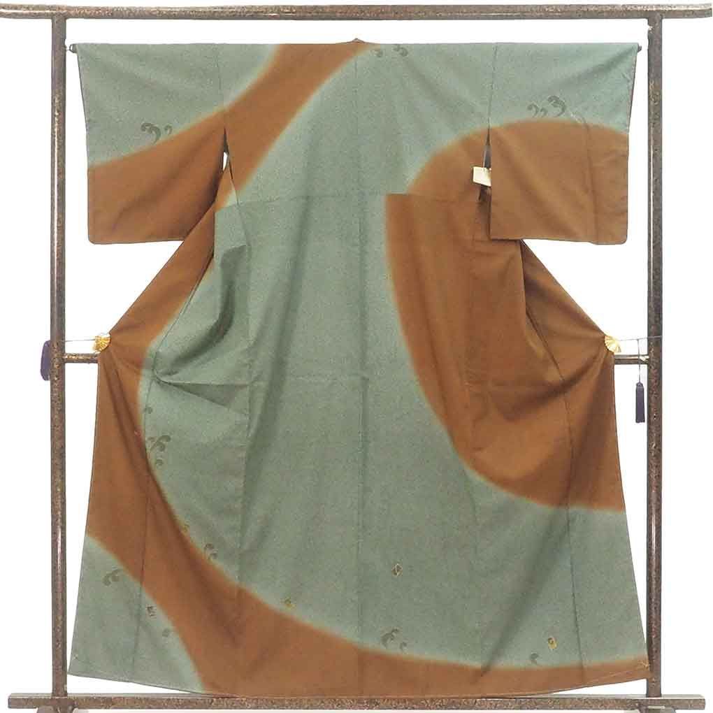 訪問着 身丈159cm 裄66cm 前幅24.5cm 後幅29.5cm 袖丈49cm 袖幅33cm レディース 袷 たたき染 裄長 裄M-Lサイズ 秋冬春用 正絹 シルク ブラウン 生紬 リメイク リユース リサイクル 呉服のきくや