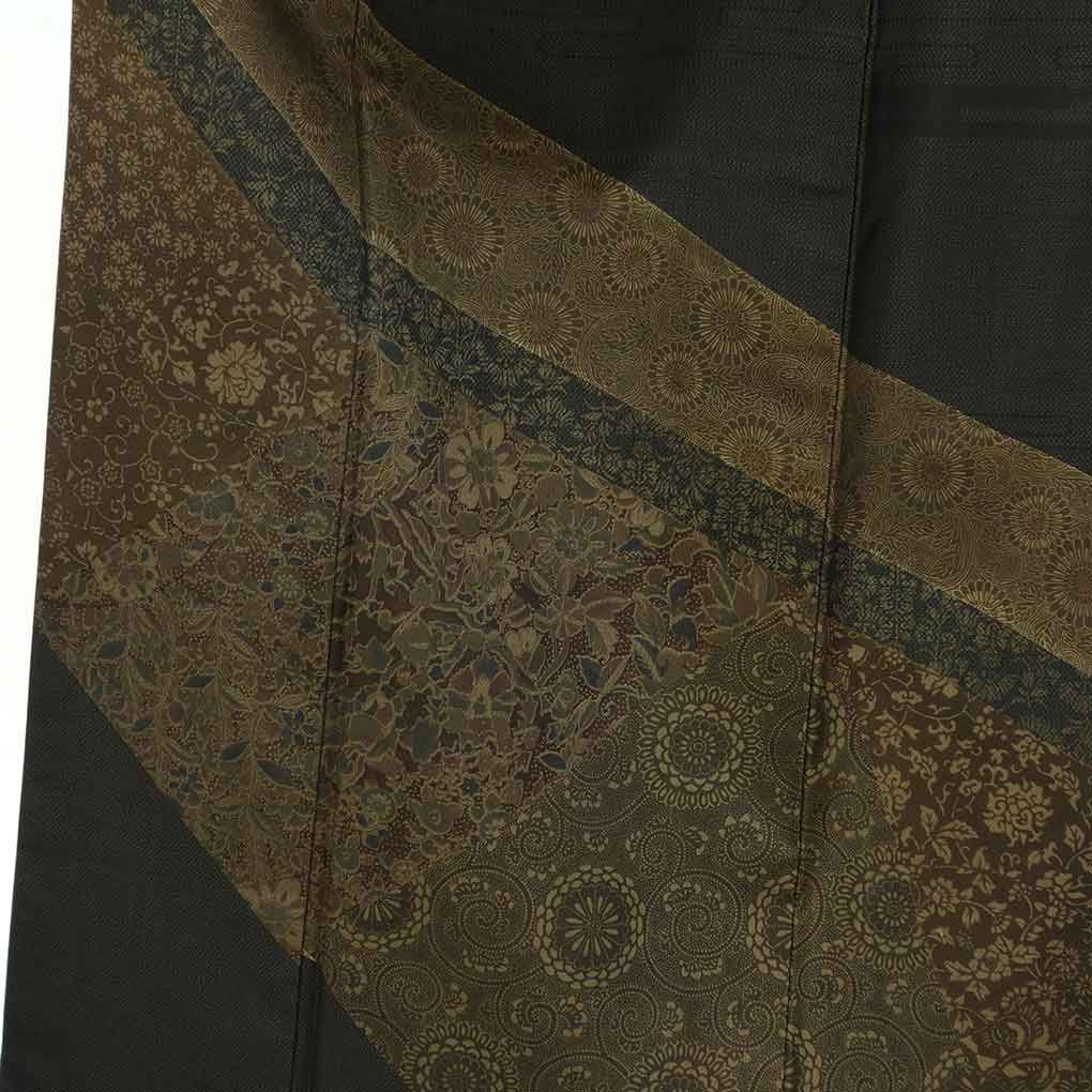 訪問着 身丈154cm 裄64cm 前幅24.5cm 後幅30cm 袖丈45cm 袖幅32.5cm レディース 袷 更紗 裄Mサイズ 秋冬春用 正絹 シルク ブラック やや難 リメイク リユース リサイクル 呉服のきくや