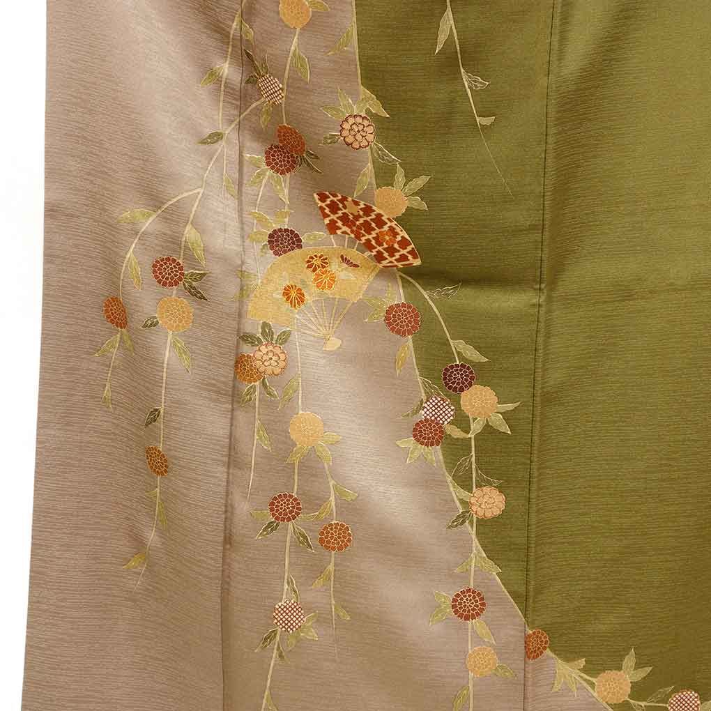 訪問着 身丈158cm 裄65cm 前幅23cm 後幅29cm 袖丈46cm 袖幅34cm レディース 袷 扇面 裄Mサイズ 秋冬春用 正絹 シルク グリーン リメイク リユース リサイクル 呉服のきくや
