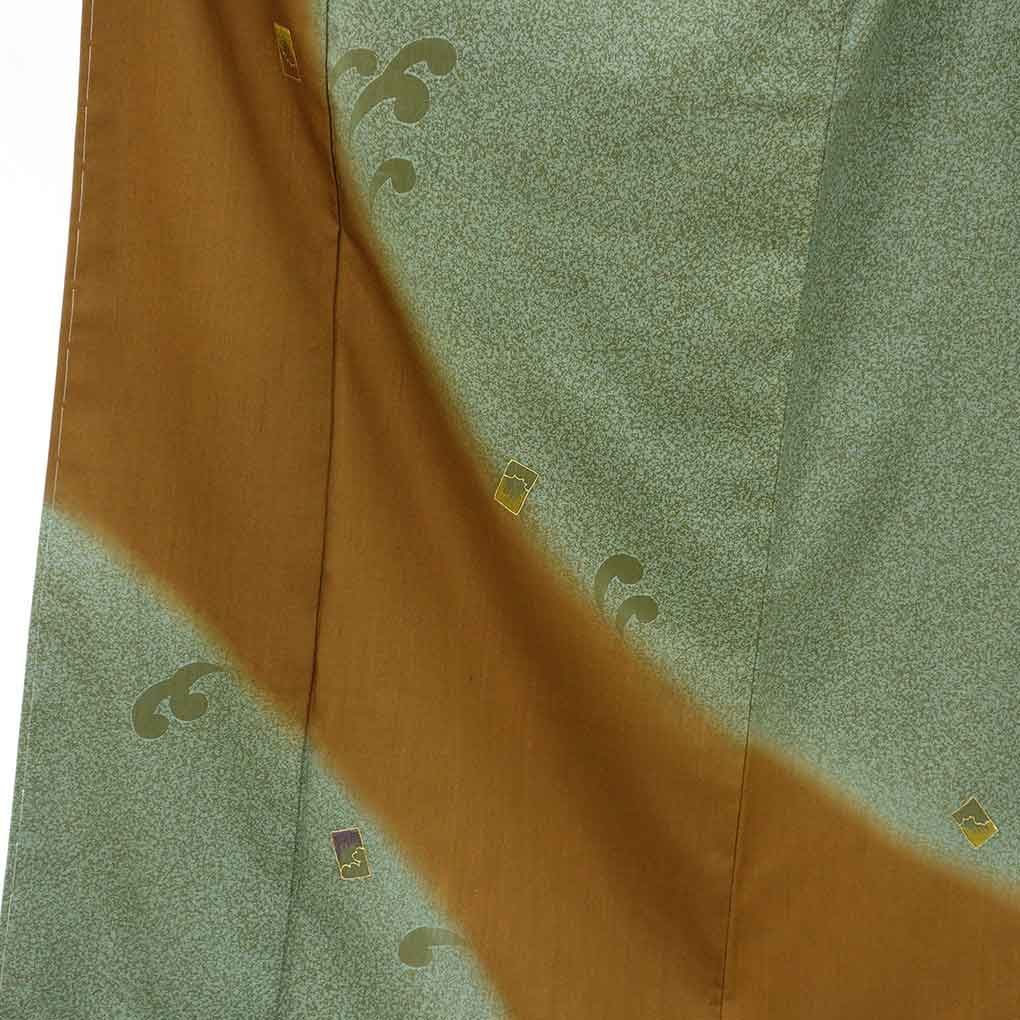 訪問着 身丈159cm 裄66cm 前幅24.5cm 後幅29.5cm 袖丈49cm 袖幅33cm レディース 袷 たたき染 裄長 裄M-Lサイズ 秋冬春用 正絹 シルク ブラウン 生紬 リメイク リユース リサイクル 呉服のきくや