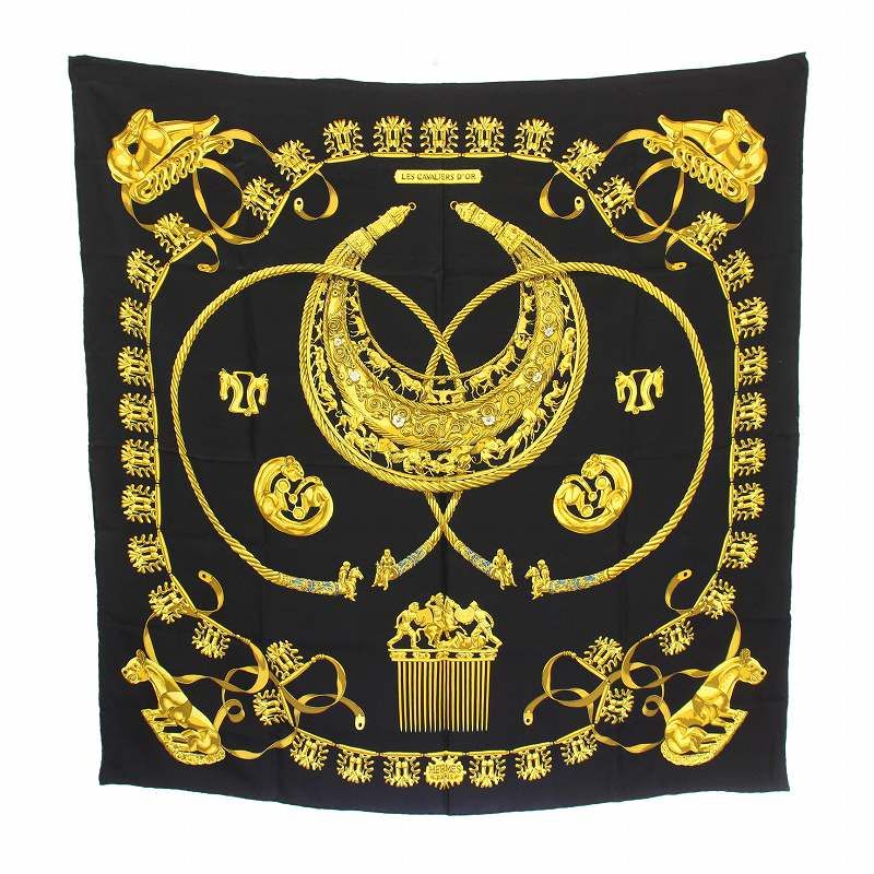 エルメス HERMES カレ90 LES CAVALIERS D'OR 黄金の騎士 スカーフ ロゴ 総柄 黒 ブラック ゴールドカラー /BB ■OH