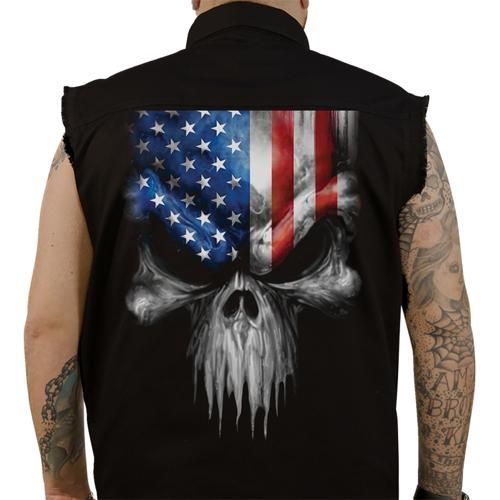 USA SKULL MELT プリント入り スリーブレス ボタンダウンシャツ