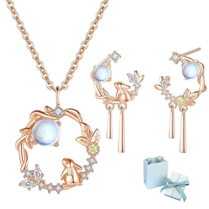 シルバーサンダー ピアス ネックレス レディース 2点セット うさぎ 18金 金属アレルギー対応 ムーンストーン 誕生石 誕生日 プレゼント バレンタインデー 成人式 母の日 ギフトジュエリーボックス付き 1