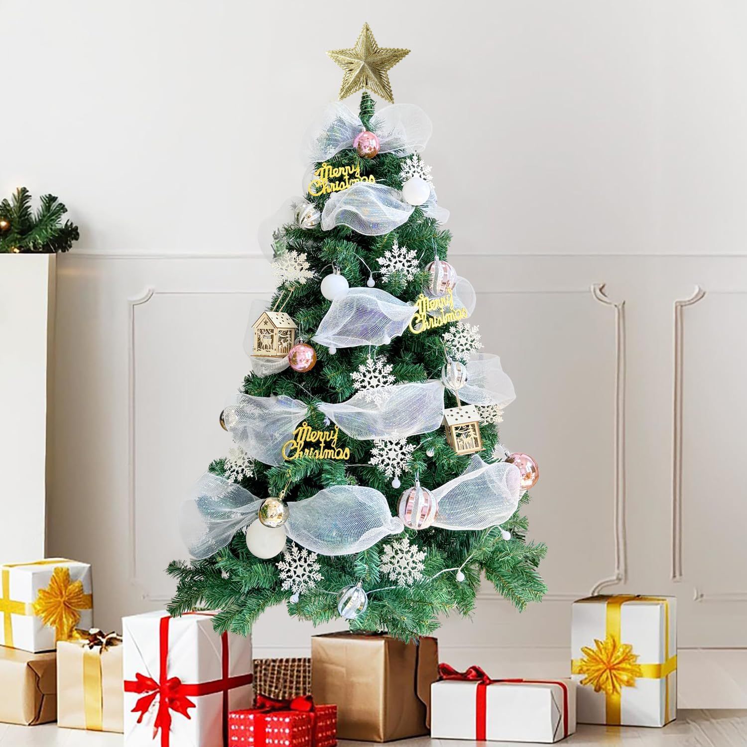 商店 保護用手袋付き クリスマスグッズ おしゃれ 収納便利 部屋 組立簡単 高濃密度 北欧風 スリム インテリア 豪華オーナメントセット -8パターンのLED飾りライト付き 定番モデル tree 枝数450本 christmas 150cm