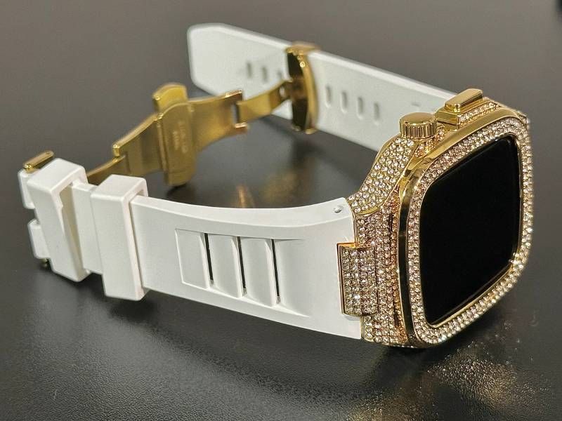ホワイト-ゴールド アップルウォッチバンド ラバーベルト 316Lステンレスカバー 重厚メタルケース ダイヤ キラキラ クリスタル 44mm 45mm 46mm メンズ レディース Series4〜11 SE SE2 SE3