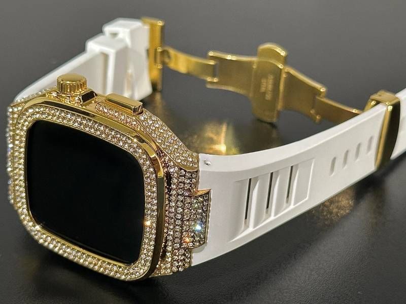 ホワイト-ゴールド アップルウォッチバンド ラバーベルト 316Lステンレスカバー 重厚メタルケース ダイヤ キラキラ クリスタル 44mm 45mm 46mm メンズ レディース Series4〜11 SE SE2 SE3