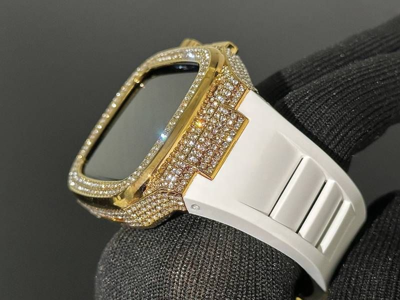 ホワイト-ゴールド アップルウォッチバンド ラバーベルト 316Lステンレスカバー 重厚メタルケース ダイヤ キラキラ クリスタル 44mm 45mm 46mm メンズ レディース Series4〜11 SE SE2 SE3 WWW_OPDRERGINERDOGAN_COM