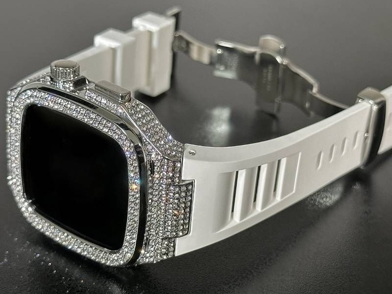 ホワイト-シルバー アップルウォッチバンド ラバーベルト 316Lステンレスカバー 重厚メタルケース ダイヤ キラキラ クリスタル 44mm 45mm 46mm メンズ レディース Series4〜11 SE SE2 SE3