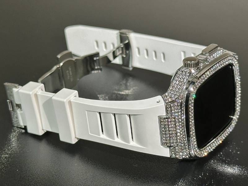 ホワイト-シルバー アップルウォッチバンド ラバーベルト 316Lステンレスカバー 重厚メタルケース ダイヤ キラキラ クリスタル 44mm 45mm 46mm メンズ レディース Series4〜11 SE SE2 SE3