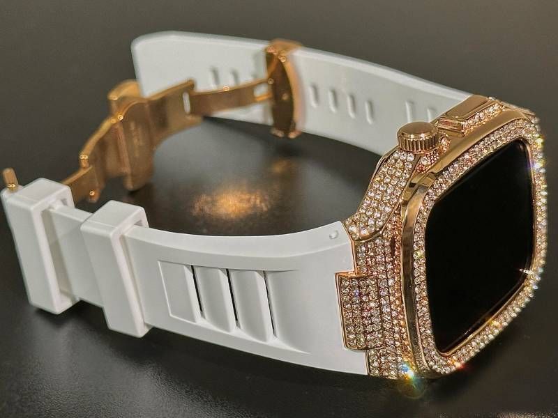 ホワイト-ローズゴールド アップルウォッチバンド ラバーベルト 316Lステンレスカバー 重厚メタルケース ダイヤ キラキラ クリスタル 44mm 45mm 46mm メンズ レディース Series4〜11 SE SE2 SE3