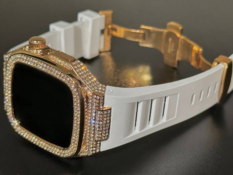 ホワイト-ローズゴールド アップルウォッチバンド ラバーベルト 316Lステンレスカバー 重厚メタルケース ダイヤ キラキラ クリスタル 44mm 45mm 46mm メンズ レディース Series4〜11 SE SE2 SE3