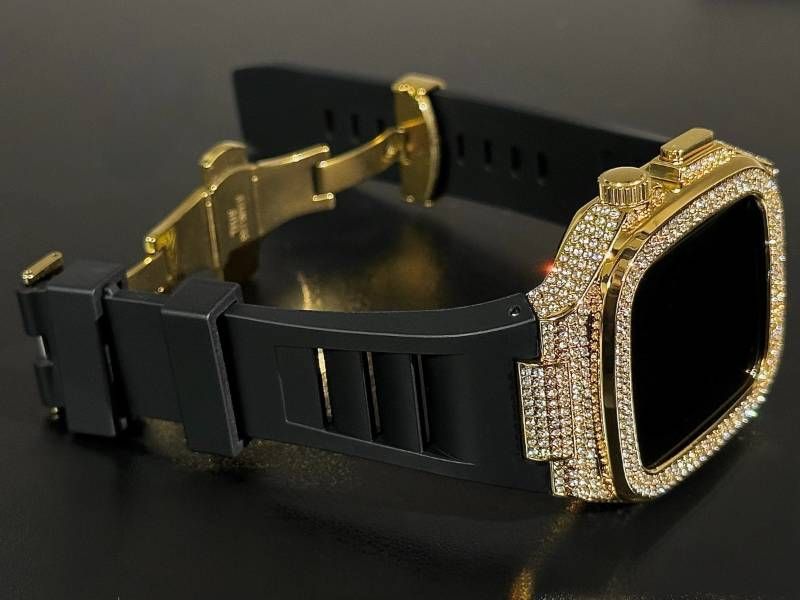 ブラック-ゴールド アップルウォッチバンド ラバーベルト 316Lステンレスカバー 重厚メタルケース ダイヤ キラキラ クリスタル 44mm 45mm 46mm メンズ レディース Series4〜11 SE SE2 SE3