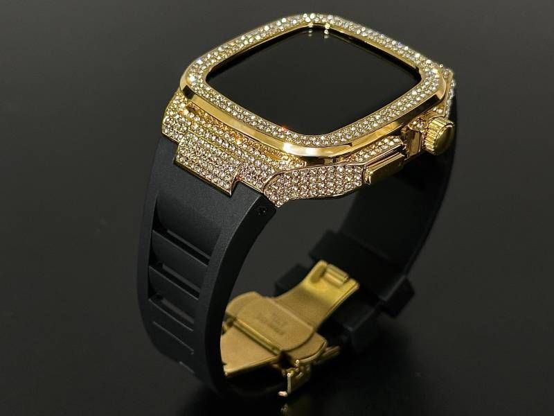 ブラック-ゴールド アップルウォッチバンド ラバーベルト 316Lステンレスカバー 重厚メタルケース ダイヤ キラキラ クリスタル 44mm 45mm 46mm メンズ レディース Series4〜11 SE SE2 SE3 WWW_OPDRERGINERDOGAN_COM