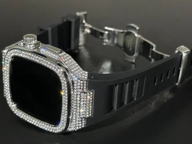 ブラック-シルバー アップルウォッチバンド ラバーベルト 316Lステンレスカバー 重厚メタルケース ダイヤ キラキラ クリスタル 44mm 45mm 46mm メンズ レディース Series4〜11 SE SE2 SE3