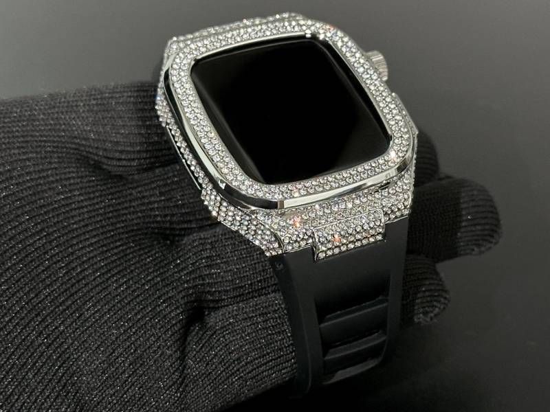 ブラック-シルバー アップルウォッチバンド ラバーベルト 316Lステンレスカバー 重厚メタルケース ダイヤ キラキラ クリスタル 44mm 45mm 46mm メンズ レディース Series4〜11 SE SE2 SE3 WWW_OPDRERGINERDOGAN_COM