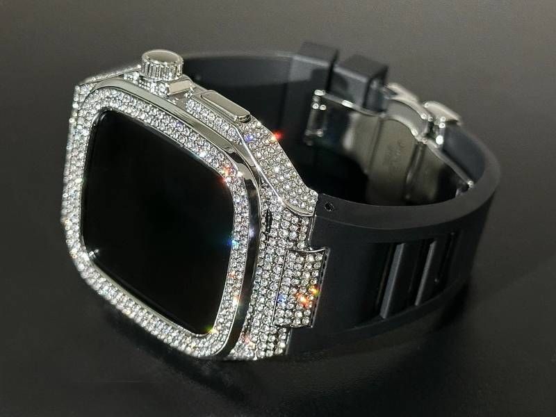 ブラック-シルバー アップルウォッチバンド ラバーベルト 316Lステンレスカバー 重厚メタルケース ダイヤ キラキラ クリスタル 44mm 45mm 46mm メンズ レディース Series4〜11 SE SE2 SE3