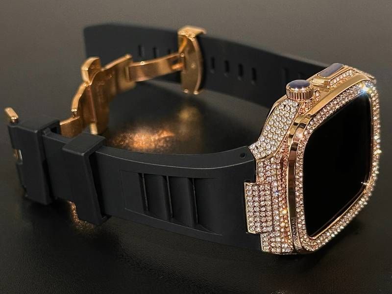 ブラック-ローズゴールド アップルウォッチバンド ラバーベルト 316Lステンレスカバー 重厚メタルケース ダイヤ キラキラ クリスタル 44mm 45mm 46mm メンズ レディース Series4〜11 SE SE2 SE3