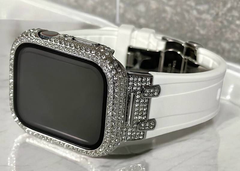 ヘッドワールドカップル ベルズ クリスタルWRApple Watch ラバーベルト ステンレスカバー バンド