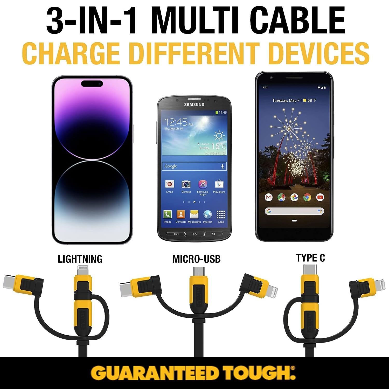 DEWALT Heavy Duty 3 in 1 Retractable Multi Charging Cord 3ft Fast Charger Cord Multi Charger Adapter with Type C Micro USB Port