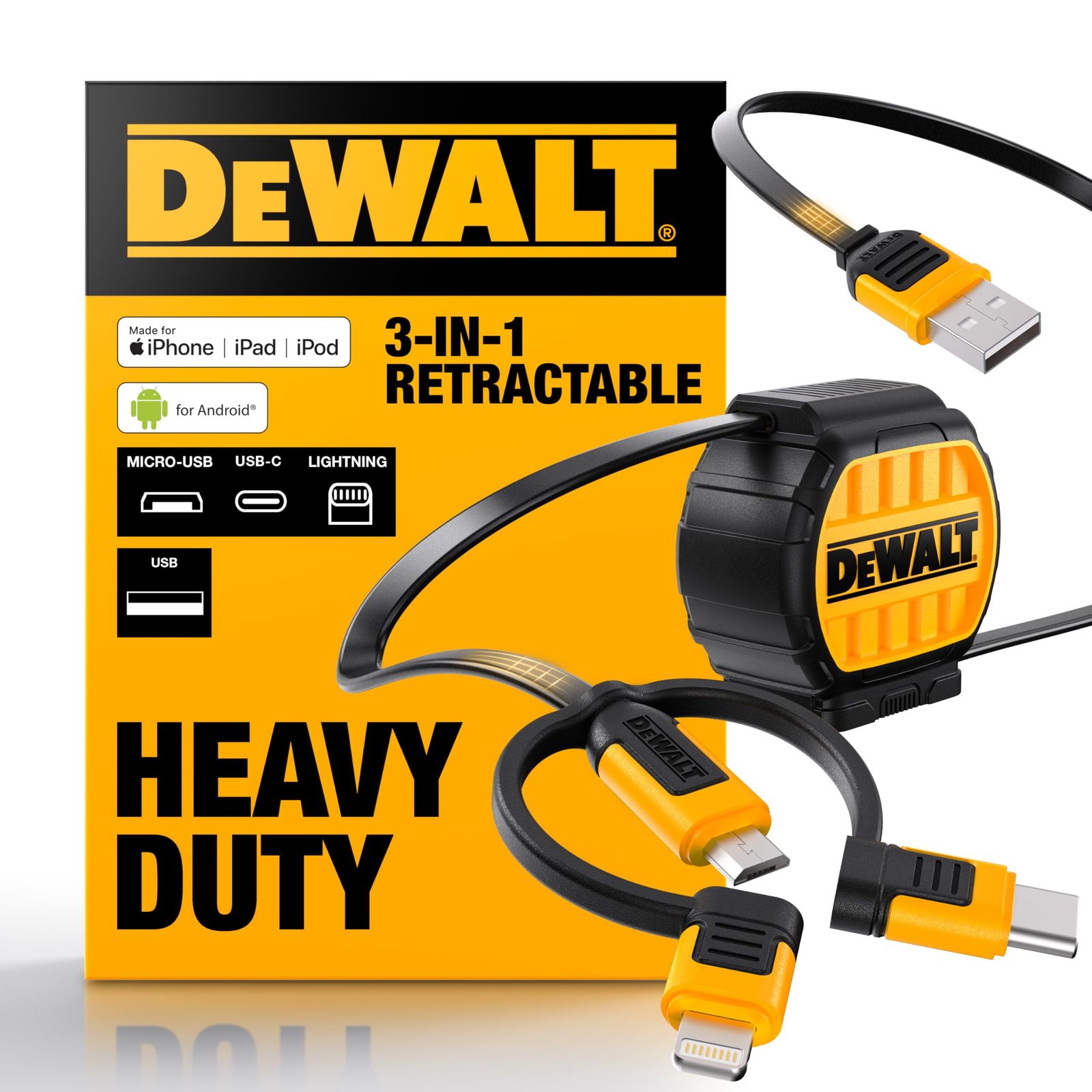 DEWALT Heavy Duty 3 in 1 Retractable Multi Charging Cord 3ft Fast Charger Cord Multi Charger Adapter with Type C Micro USB Port