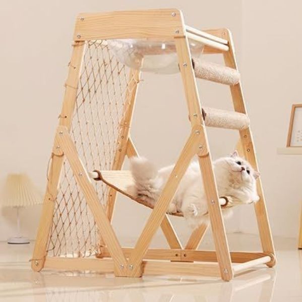 猫用キャットツリー 木製 猫 キャットタワー 爪とぎ 爪研ぎポール ボール 網 ハンモック付き 木登り スリム 猫タワー 安定 運動不足解消 麻紐 猫ハウス 猫ベッド 宇宙船ボウル クリアボウル