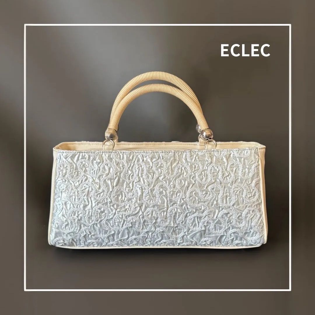 白銀コード刺繍 × ベージュサテン 和装バック ハンドバッグ