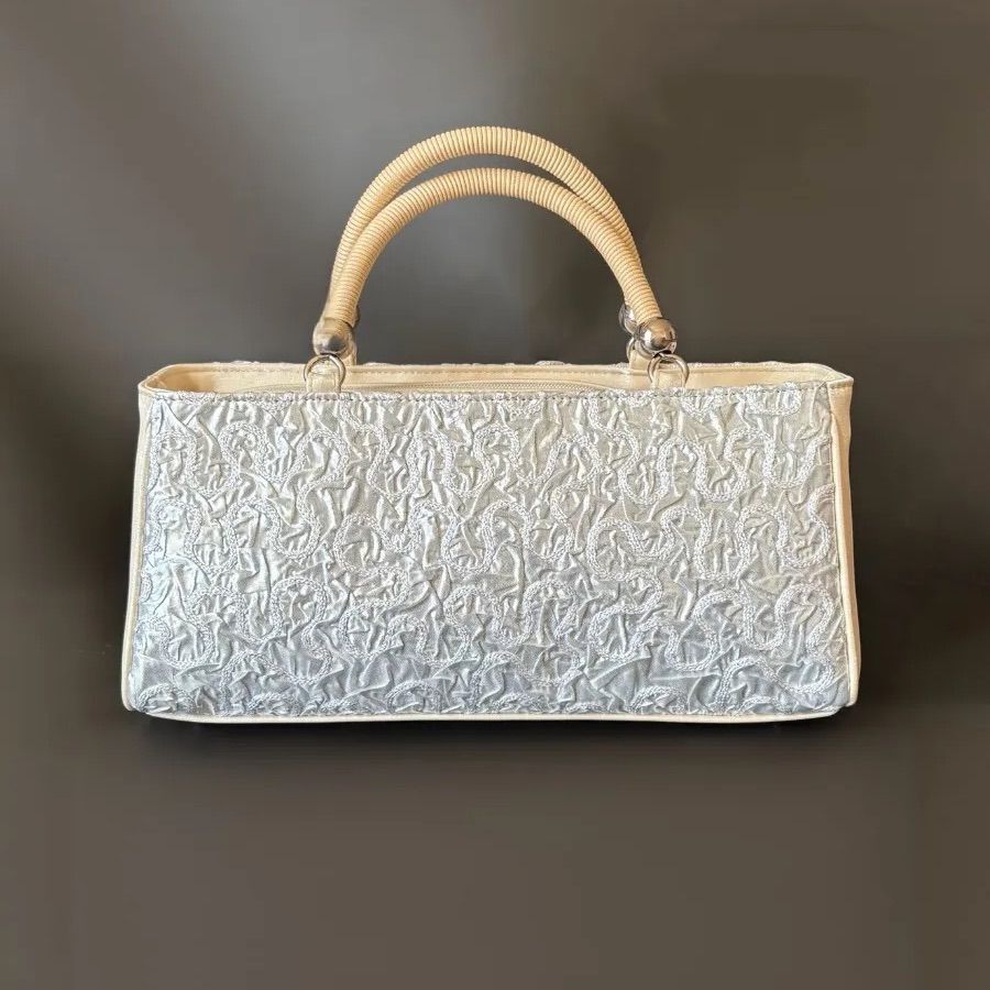 白銀コード刺繍 × ベージュサテン 和装バック ハンドバッグ