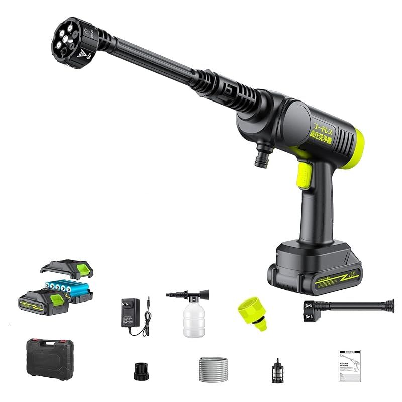 高圧洗浄機 コードレス 充電式 軽量設計 充電式 バッテリー対応 6in1 ノズル 日本語取扱説明書 0