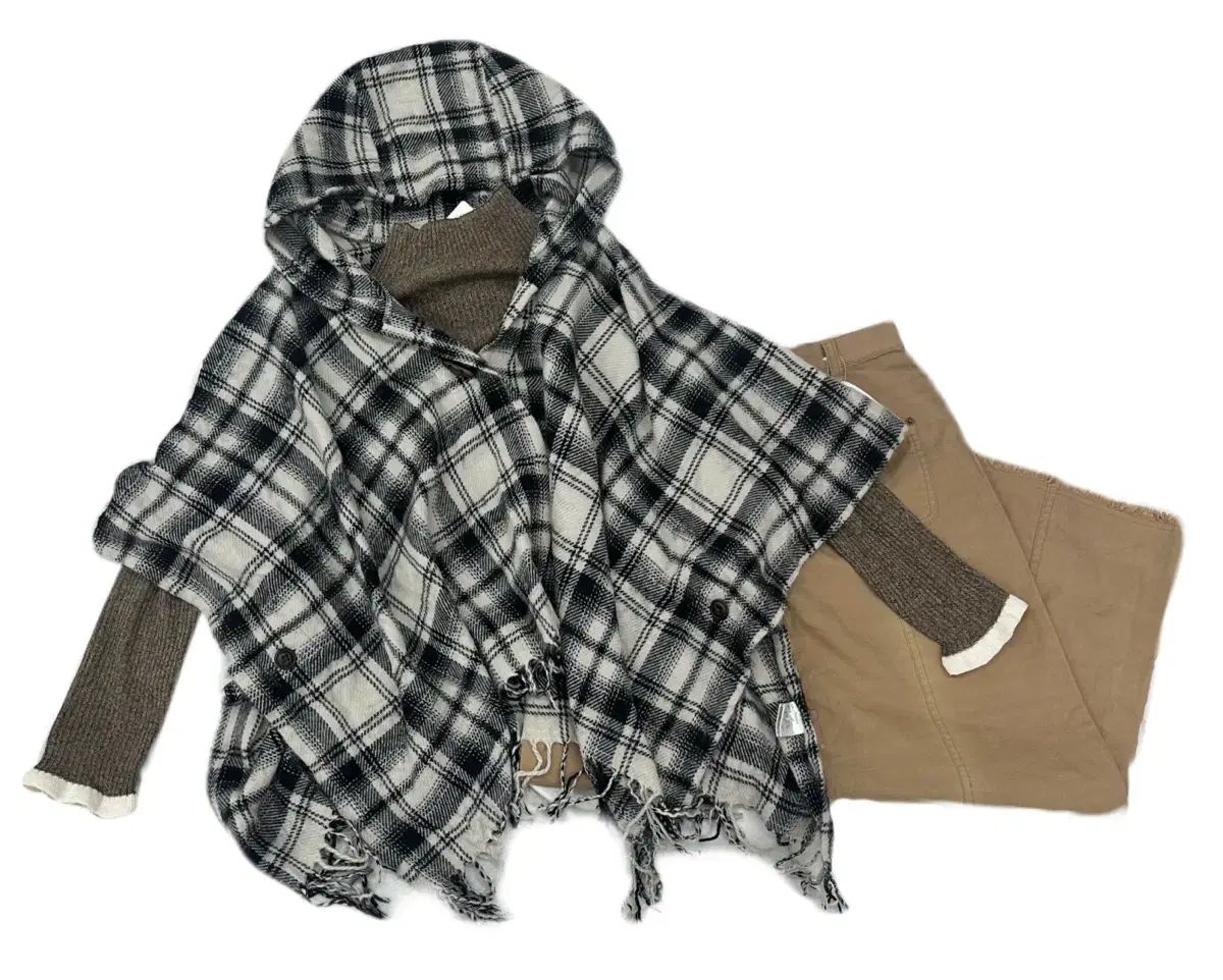 日本 ヴィンテージ 너닿 サワコ風 CHECK フードケープ 秋 冬 ニット コーディネートセット