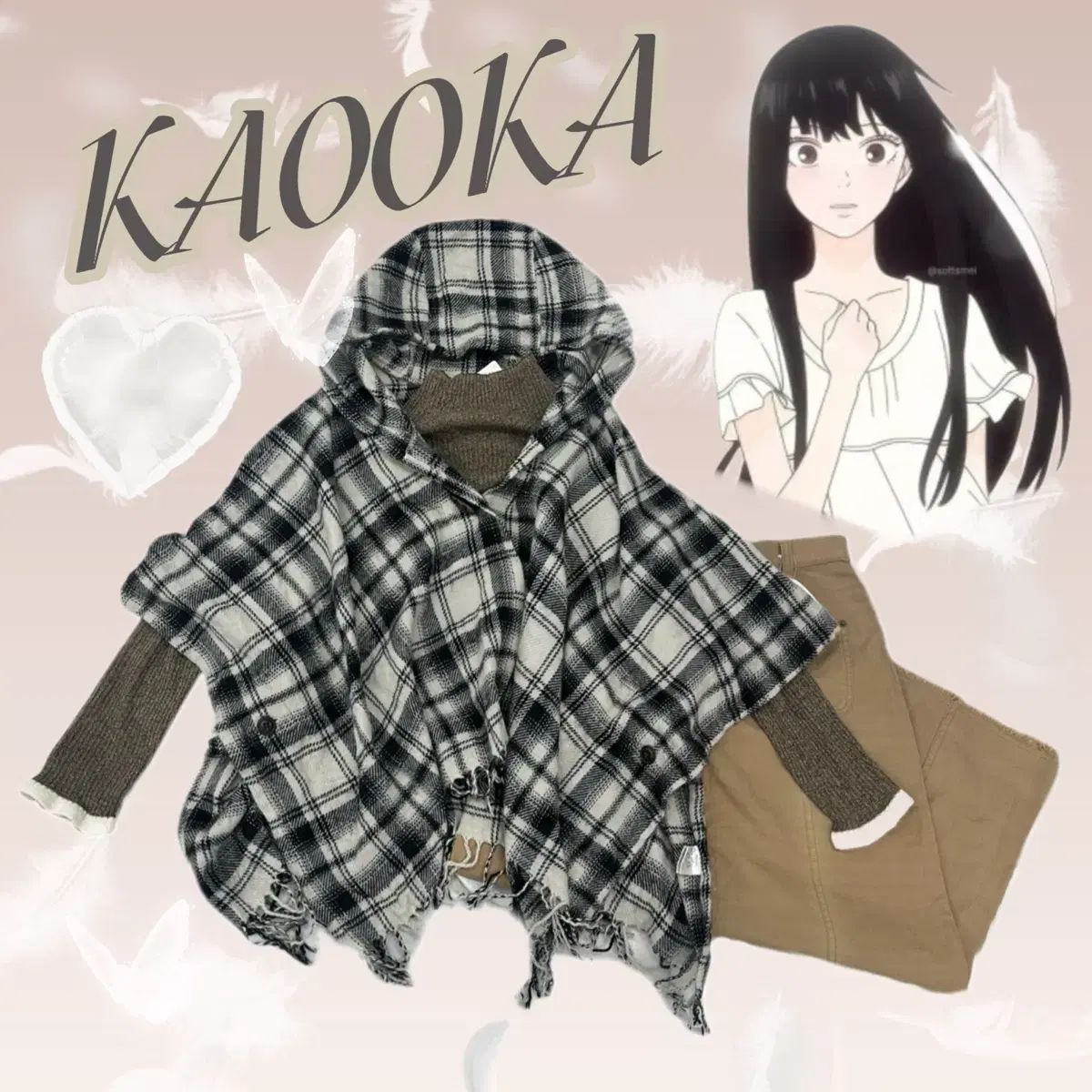 日本 ヴィンテージ 너닿 サワコ風 CHECK フードケープ 秋 冬 ニット コーディネートセット