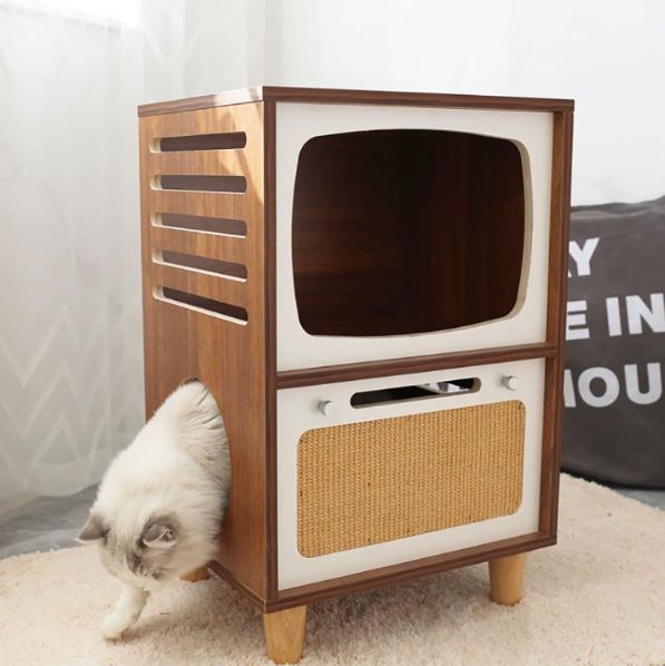 猫ハウス 2 in 1木製コンドミニアム屋内猫 家具 子猫シェルターロッジ用2段 ベッドサイド猫キャビネット レトロテレビスタイル ウサギ 猫 子犬 ベッドサイドテーブル 家の