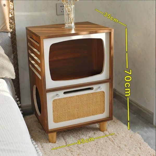 猫ハウス 2 in 1木製コンドミニアム屋内猫 家具 子猫シェルターロッジ用2段 ベッドサイド猫キャビネット レトロテレビスタイル ウサギ 猫 子犬 ベッドサイドテーブル 家の
