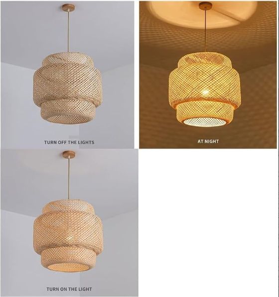 ミッドセンチュリー ボヘミアン デコレーション 天井照明器具 ブラック シリンダー ランプシェード 竹製ウィッカーシャンデリア ラタンバスケット付き レストランやキッチンに最適