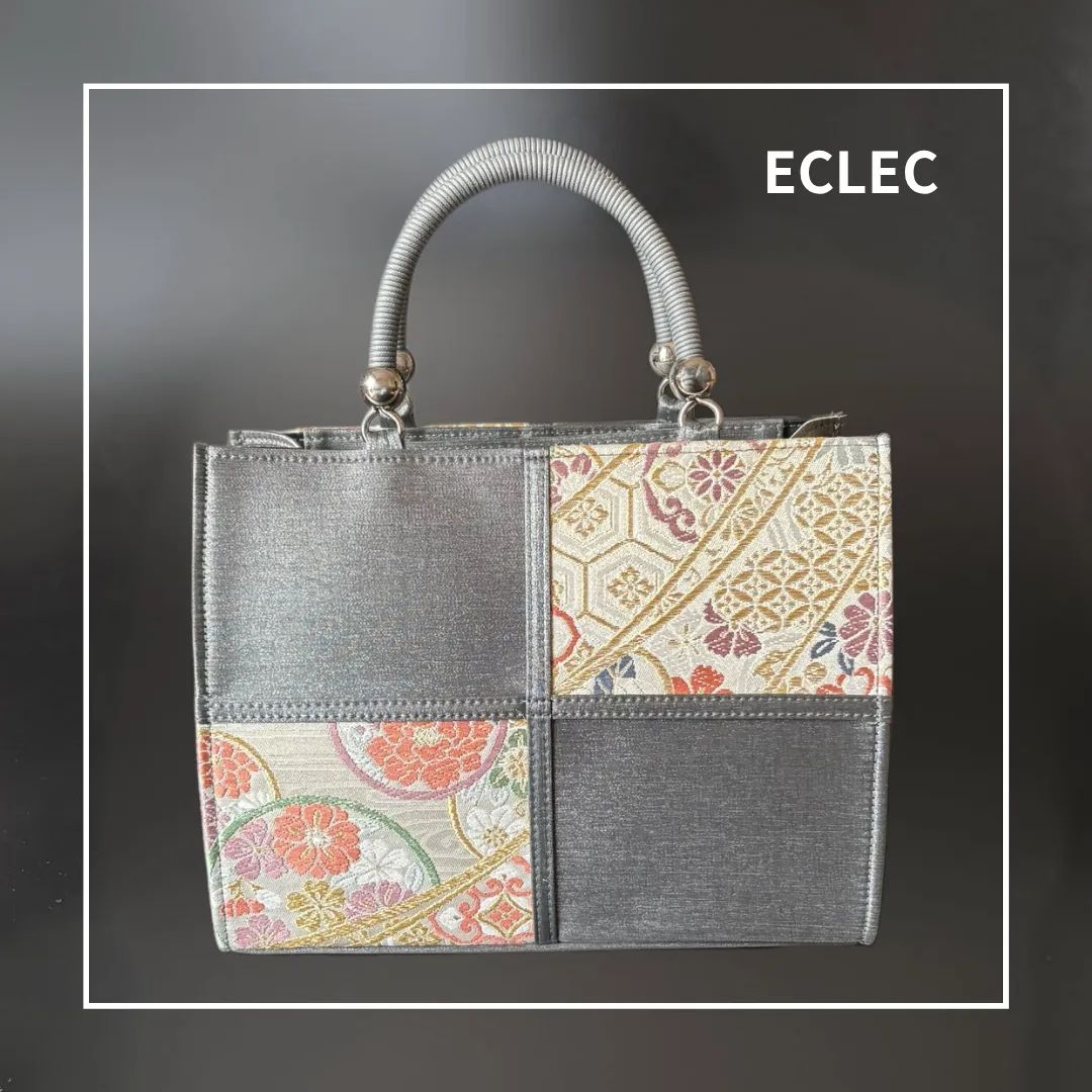 市松 × 西陣織 グレーサテン 和装バック スクエアハンドバッグ